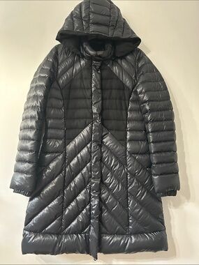 Duvetica Coat Women's 48 Black Long Quilted Goose Down Wool Lined Removable Hood